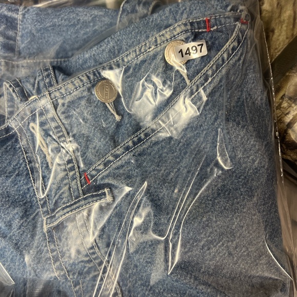 Mickey Mouse Denim Overall Bib Shorts Sz L USA Theme Blue Big Mickey Graphic - Picture 13 of 16